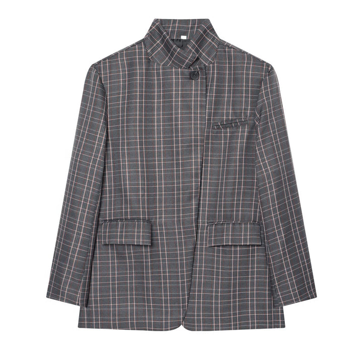 Damen Karierter Longblazer mit Stehkragen, verdeckter Knopfleiste und Pattentaschen Echoarchiv