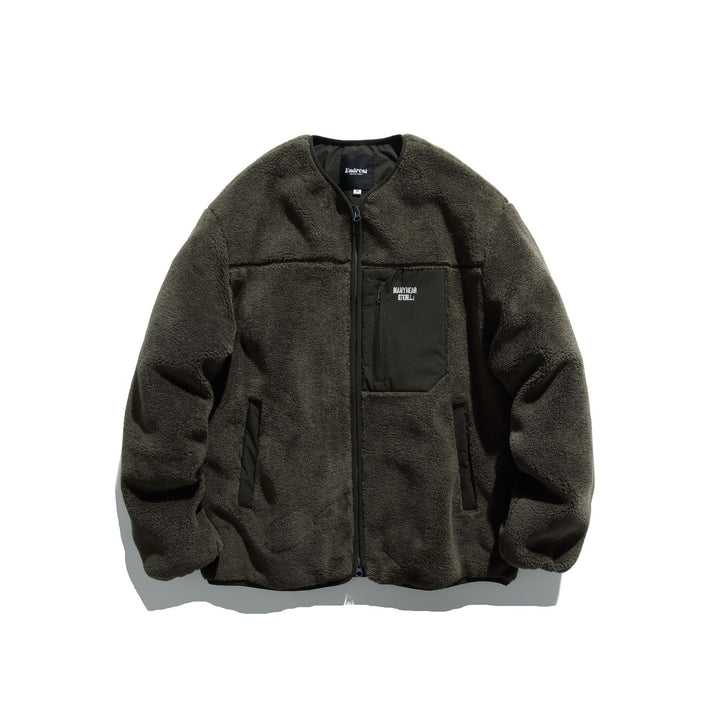 Unisex Kurz geschnittene Teddy‑Fleecejacke mit Nylon‑Brusttasche und durchgehendem Reißverschluss Echoarchiv