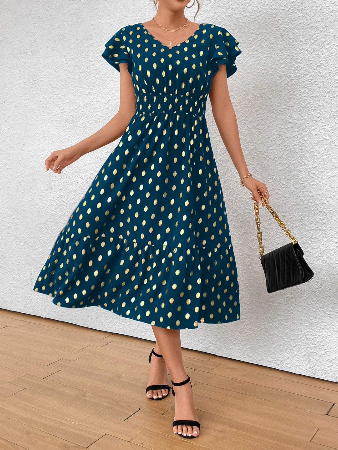 Damen Maxikleid mit Rüschendetails und schimmerndem Punktmuster Echo Archiv