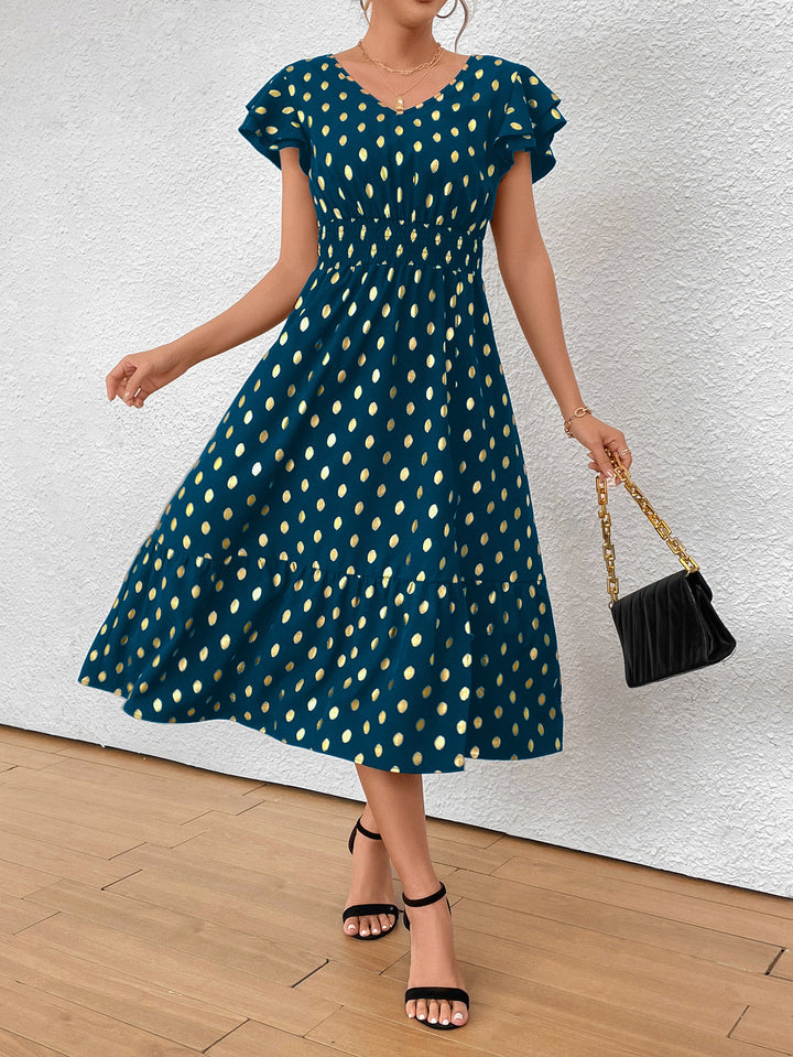 Damen Maxikleid mit Rüschendetails und schimmerndem Punktmuster Echo Archiv