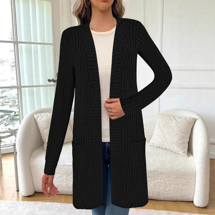 Damen Langer Feinstrick-Cardigan mit Rippenstruktur, offenen Kanten und Eingrifftaschen – Veloura