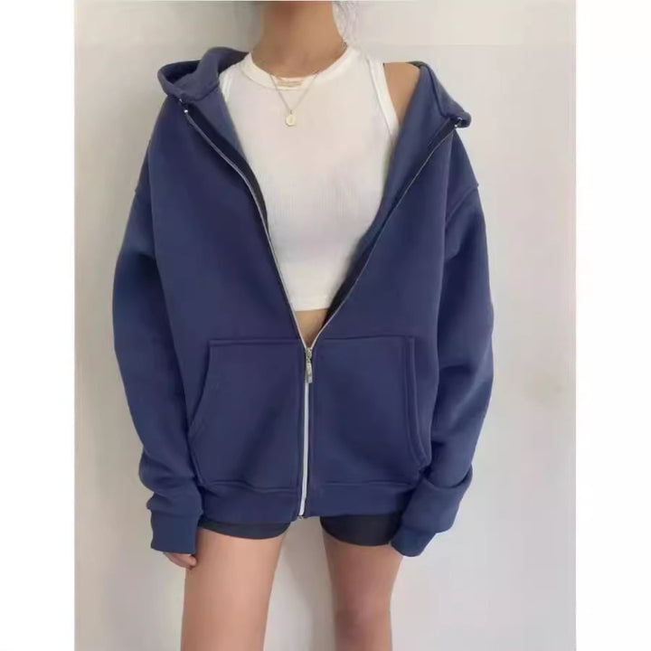 Damen nan minimalistisches French-Terry Zip-Hoodie mit durchgehendem Reißverschluss, Kängurutasche und Daumenloch-Ärmeln Echo Archiv