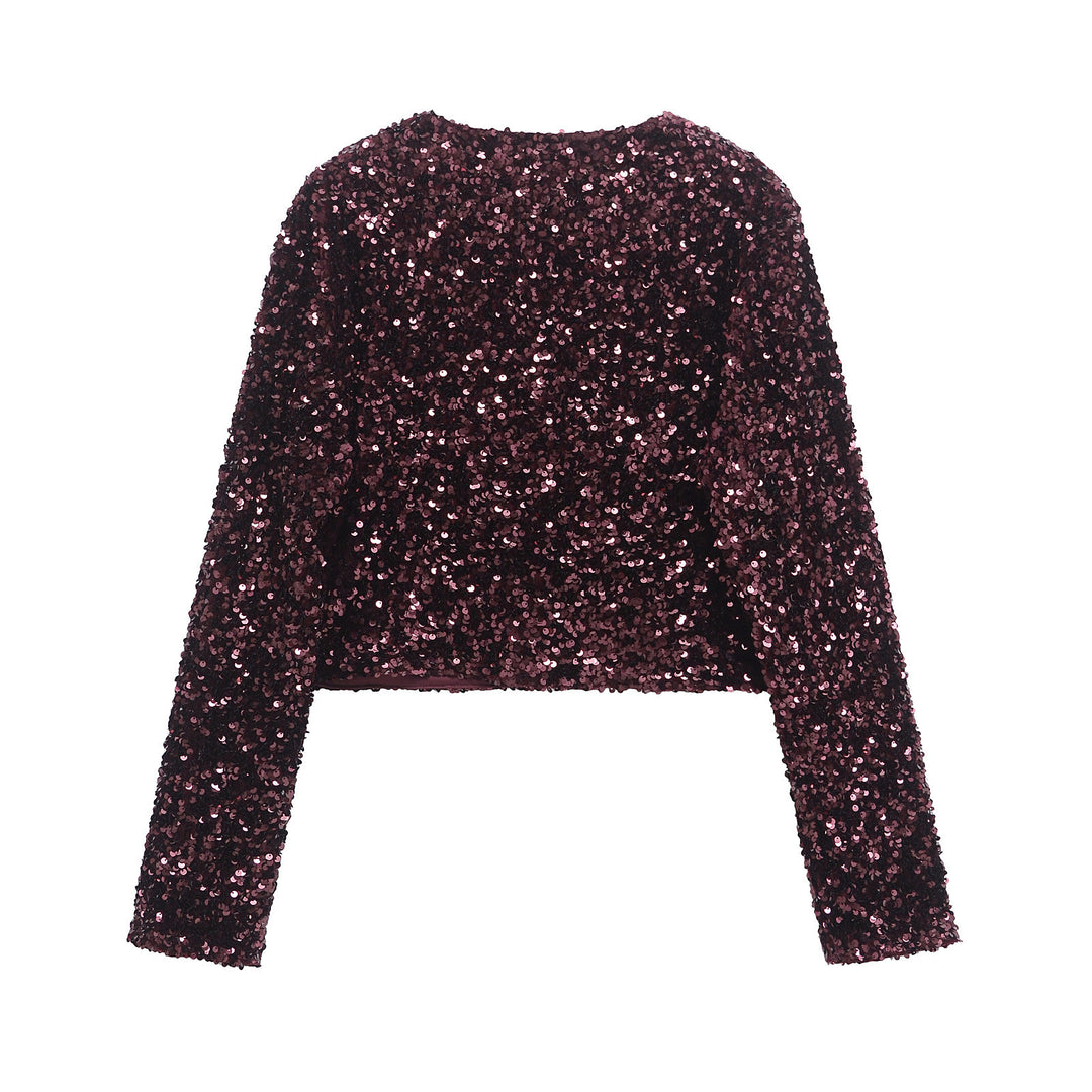 Damen Pailletten-Bolerojacke mit doppelschleifen-Verschluss, gefütterter Innenlage und tailliertem Cropped-Schnitt – Célinea