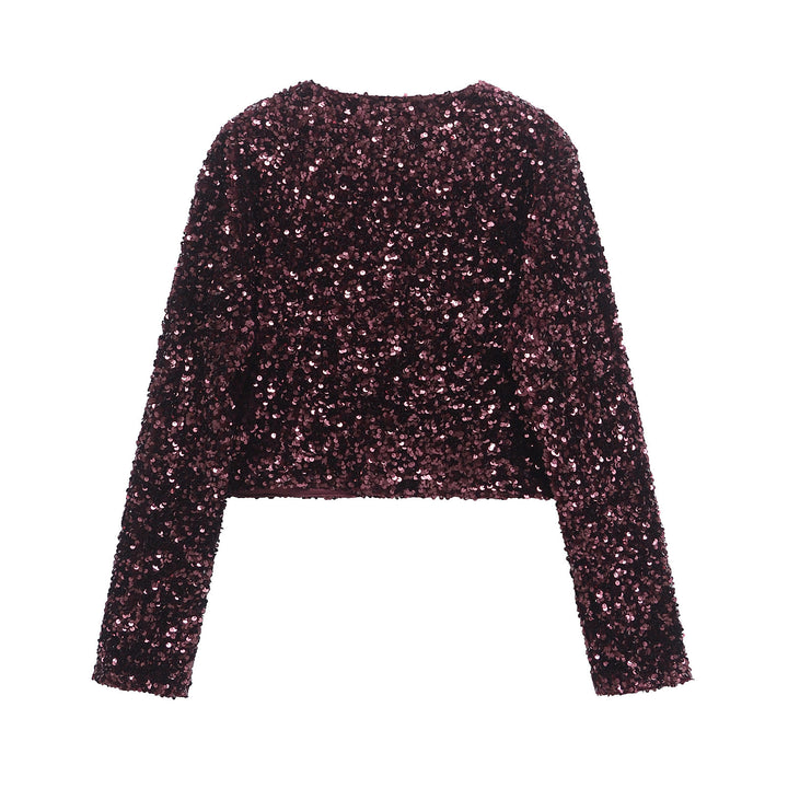 Damen Pailletten-Bolerojacke mit doppelschleifen-Verschluss, gefütterter Innenlage und tailliertem Cropped-Schnitt – Célinea