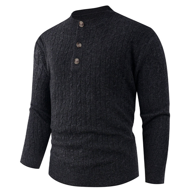 Herren Grobstrickpullover mit modernem Schalkragen und Knopfdetails Echoarchiv