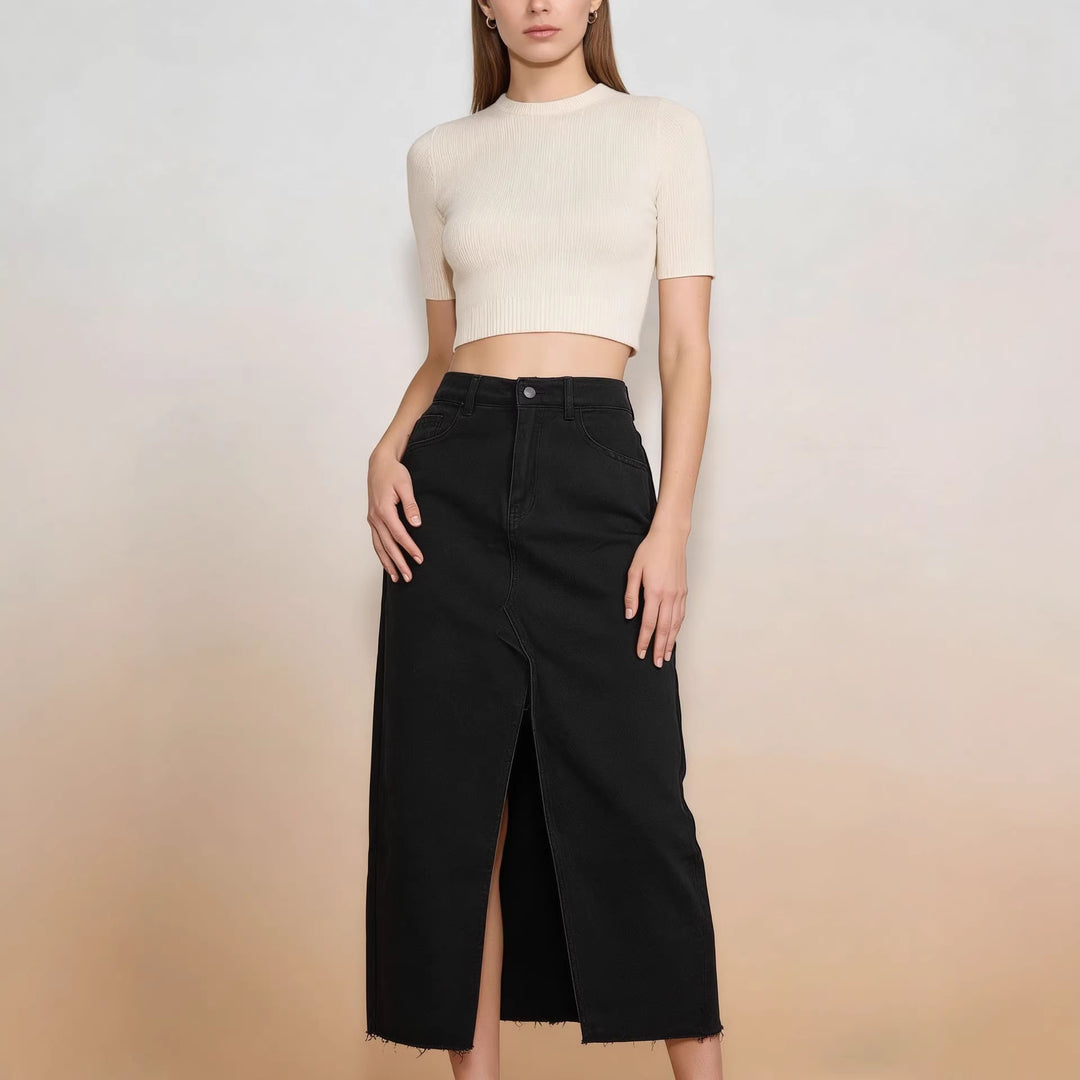 Damen Midi-Denim-Rock mit hohem Schlitz und fransigem Saum Echo Archiv