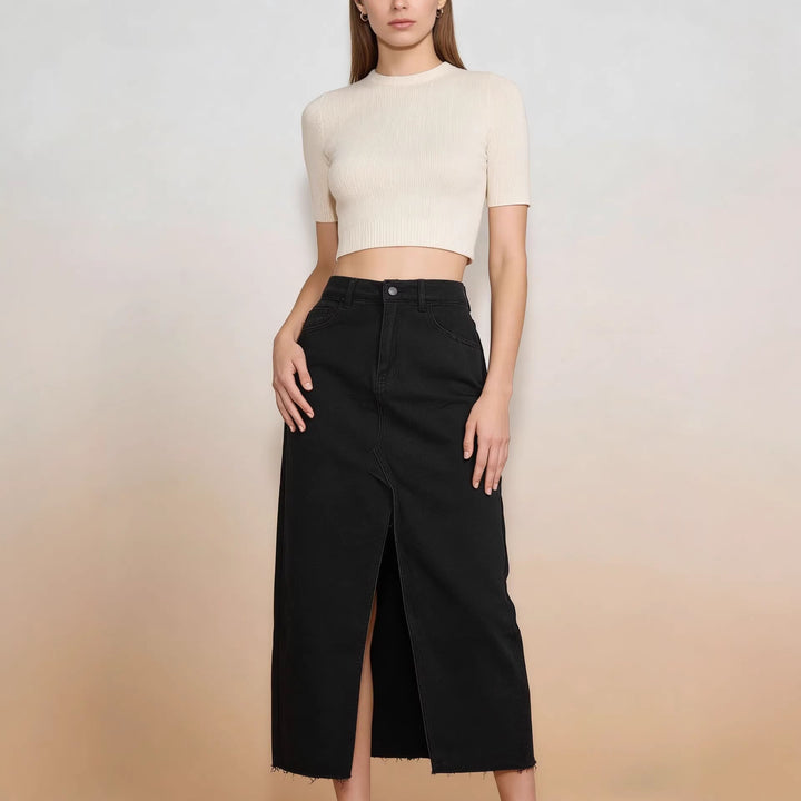 Damen Midi-Denim-Rock mit hohem Schlitz und fransigem Saum Echo Archiv