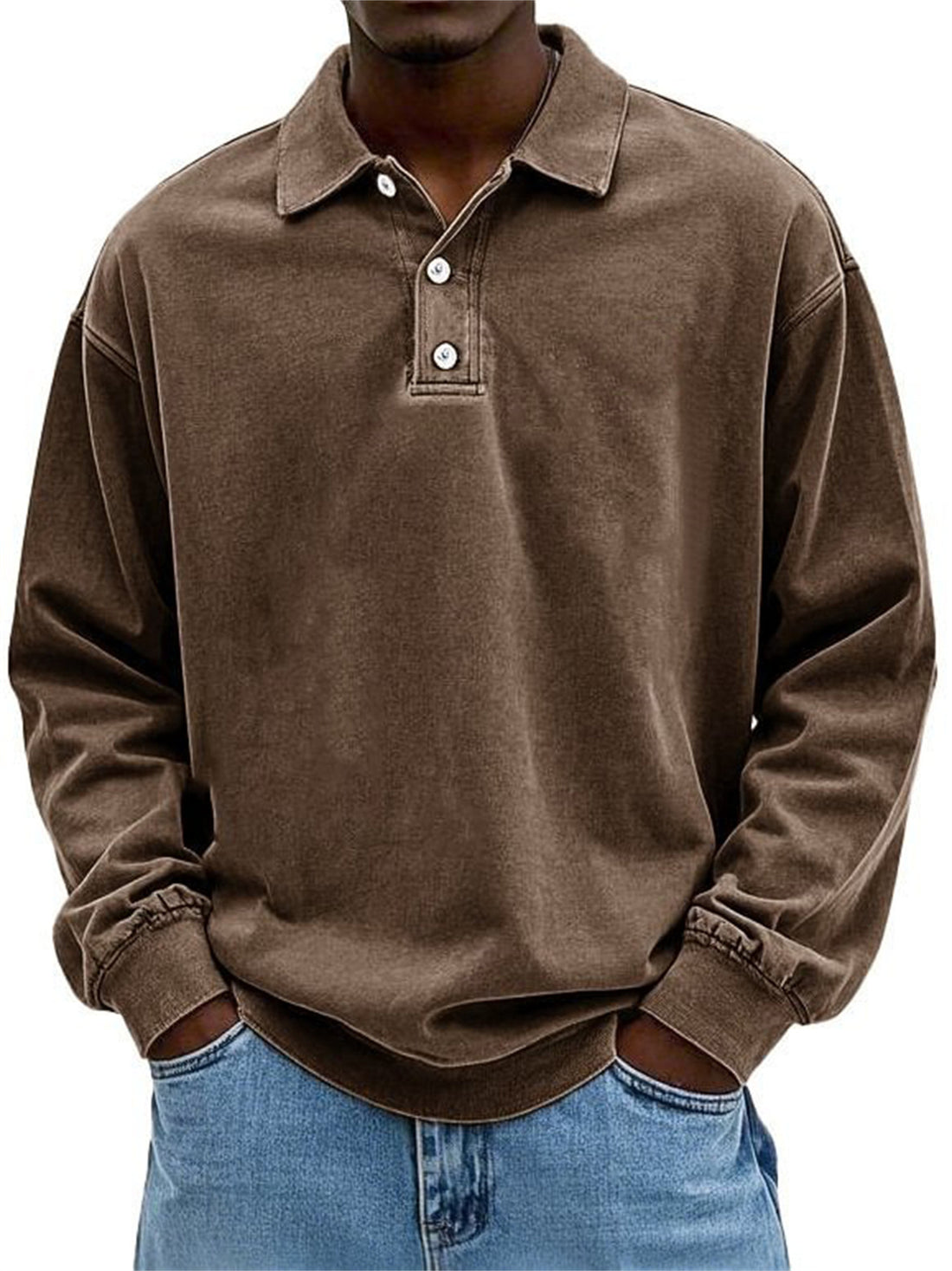 Herren Oversize Denim-Look Polo-Sweatshirt mit kurzer Knopfleiste und elastischen Bündchen EB – Norvane
