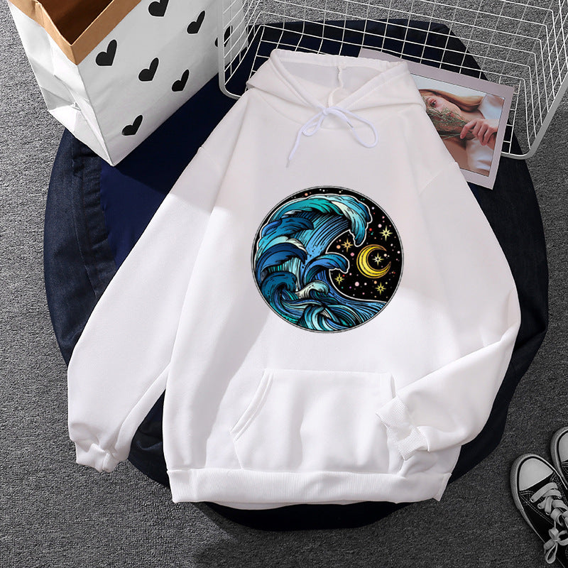 Damen lässiger Kapuzenpullover mit künstlerischem Mond‑und‑Pilzmotiv, weichem Fleecefutter und Kängurutasche – Auréline