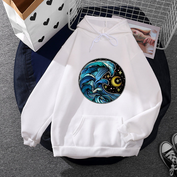 Damen lässiger Kapuzenpullover mit künstlerischem Mond‑und‑Pilzmotiv, weichem Fleecefutter und Kängurutasche – Auréline