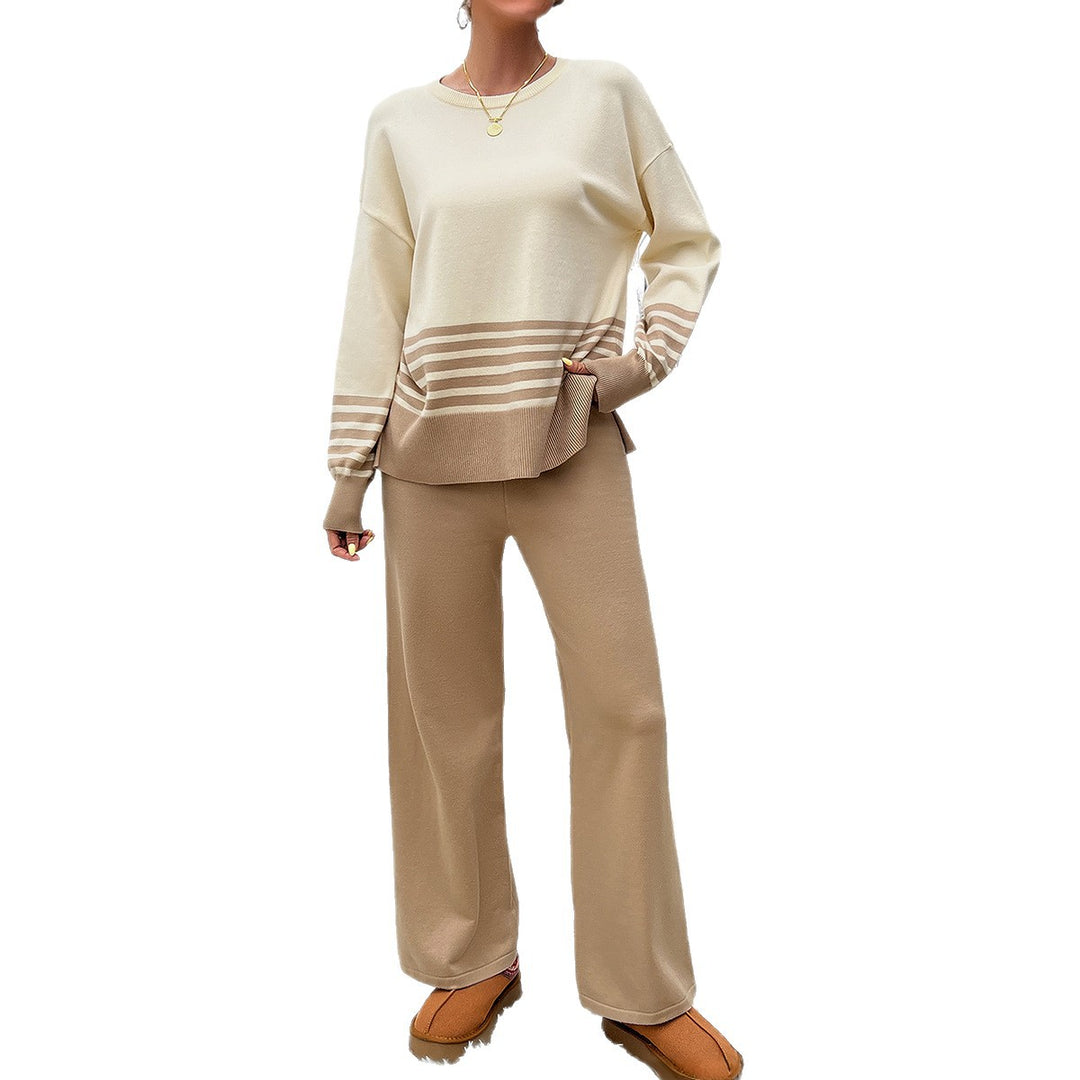 Damen nan lässiges Strick-Lounge-Set mit gestreiftem Rundhals-Pullover, Raglanärmeln und weiten taillenhohen Hosen Echo Archiv