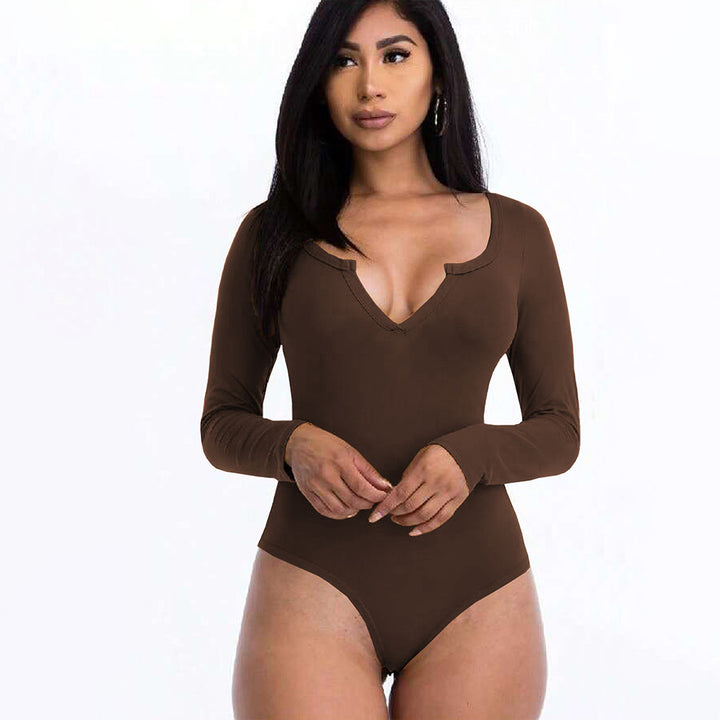 Damen figurbetontes V-Ausschnitt-Stringbody mit langen Ärmeln – Bodéline