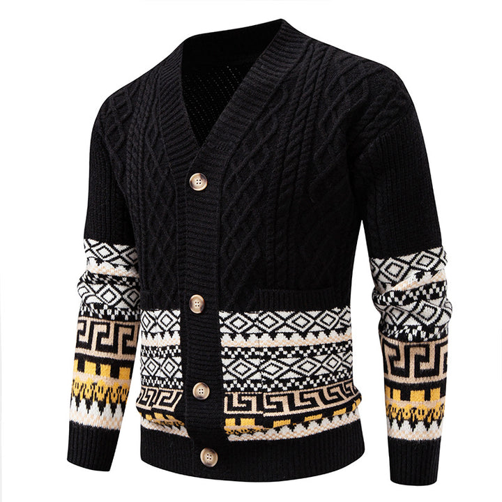 Herren Grobstrick-Cardigan mit Zopfmuster, Jacquard-Bändern und markanter Knopfleiste Echo Archiv