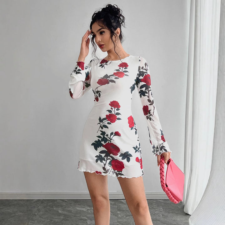 Damen nan figurbetontes Minikleid mit Rosenmuster und Trompetenärmeln Echo Archiv