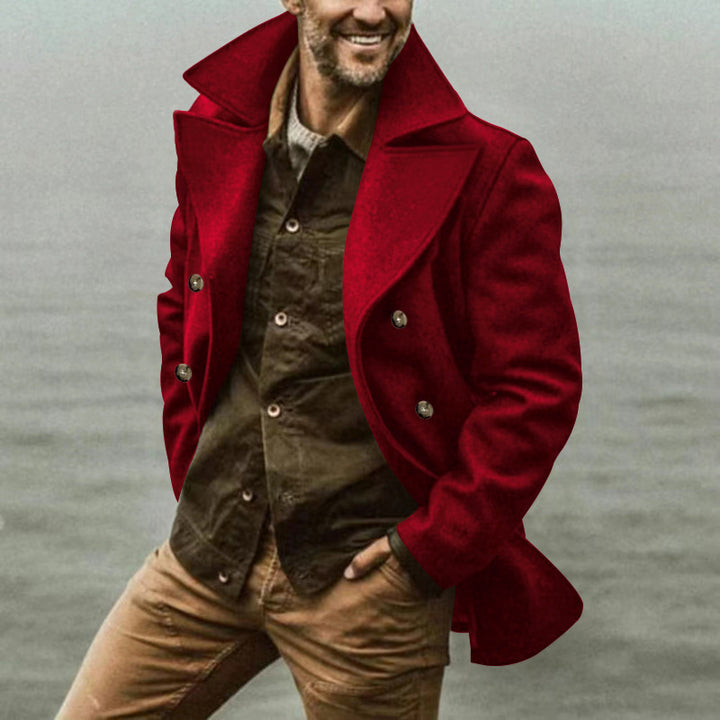 Herren eleganter Wollmantel mit doppelter Knopfleiste und hohem Kragen Echoarchiv