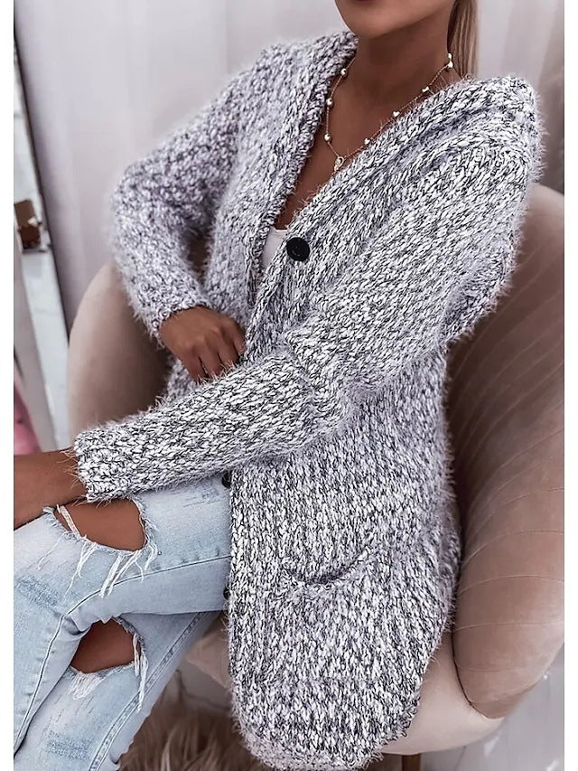 Damen Langer Mélange-Kuschelcardigan mit Kapuze, Hornknopf und Eingrifftaschen Echo Archiv