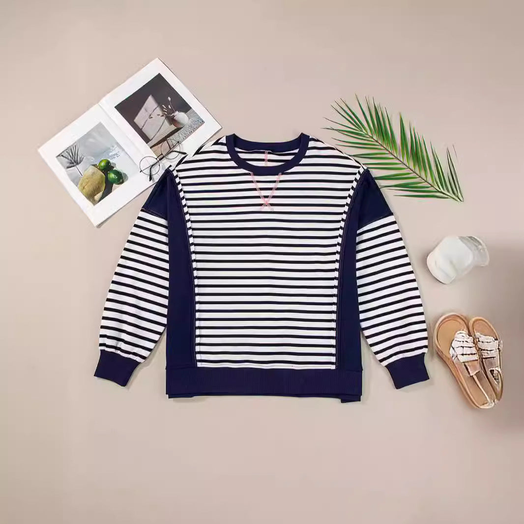 Damen Oversize Streifen-Sweatshirt mit Rundhalsausschnitt und Colorblock-Ärmeln – Avérine