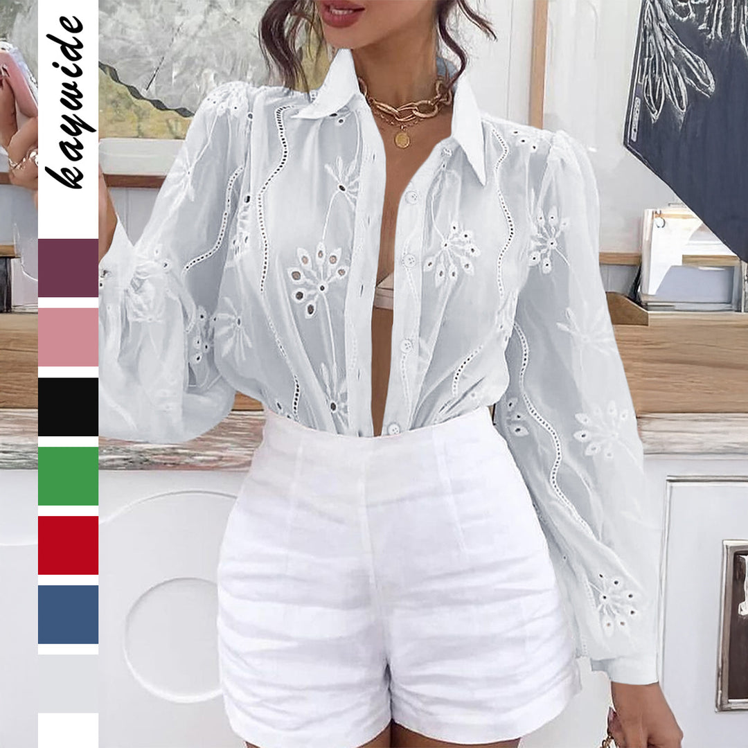 Damen Transparente Bluse mit Stickereien und Rüschendetails Echo Archiv