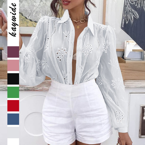 Damen Transparente Bluse mit Stickereien und Rüschendetails Echo Archiv