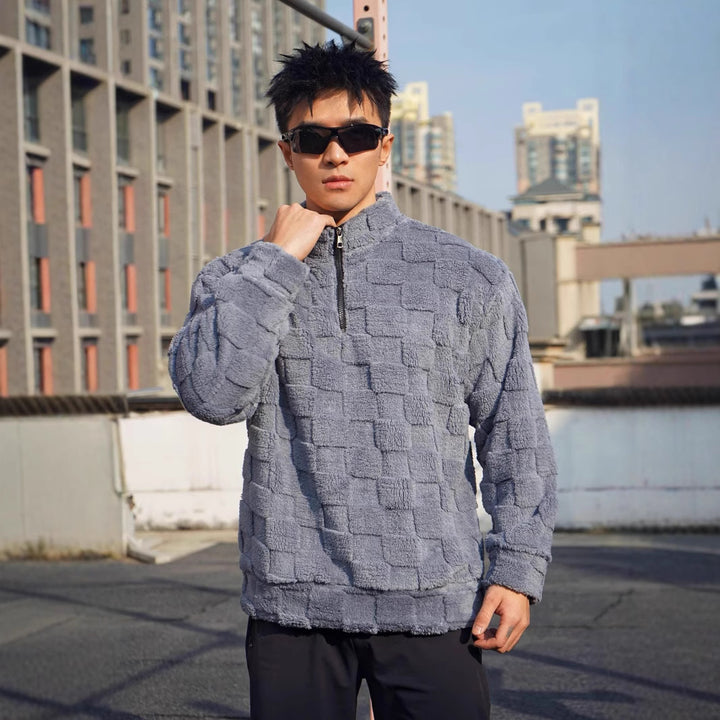 Herren Fleece-Pullover mit strukturierter Oberflächenstruktur und stehender Kragen Echoarchiv