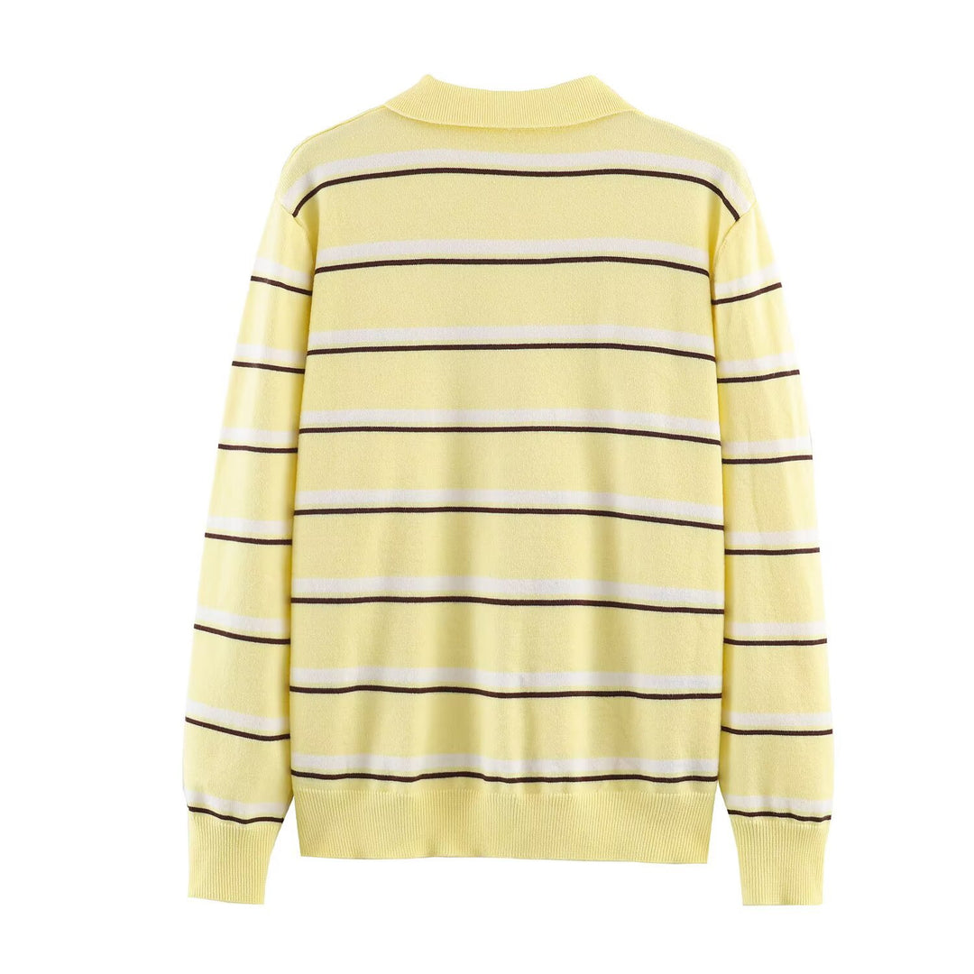 Damen gestreifter Feinstrick-Polopullover mit Knopfleiste, Rippbündchen und leichter Wollmischung – Mavelle