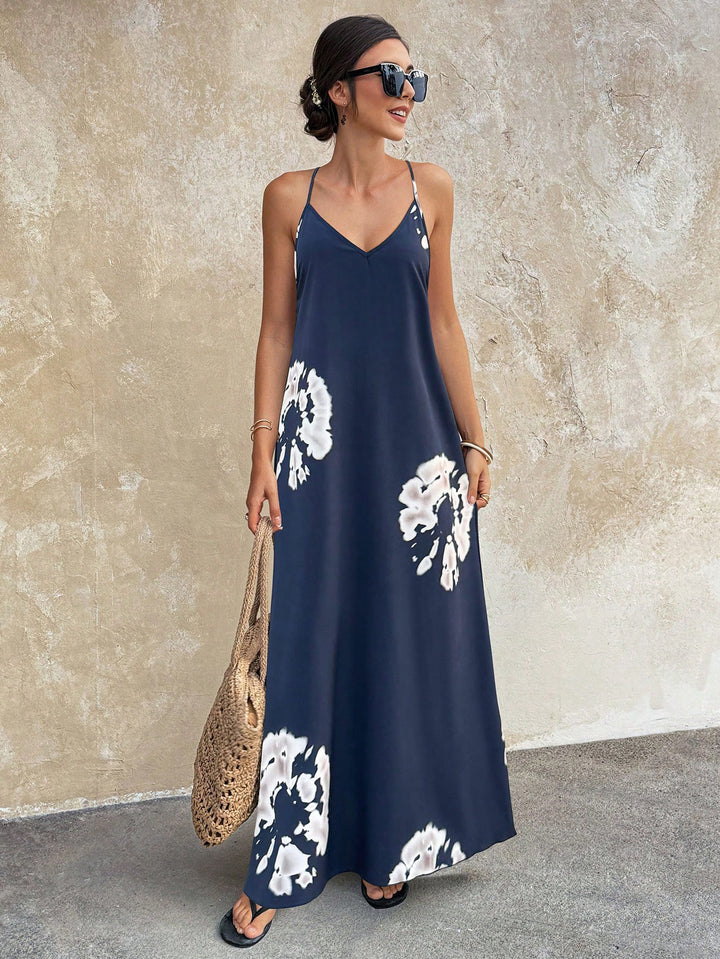 Damen Fließendes Maxikleid mit Spaghettiträgern, V-Ausschnitt und sommerlicher Leinenoptik Echo Archiv