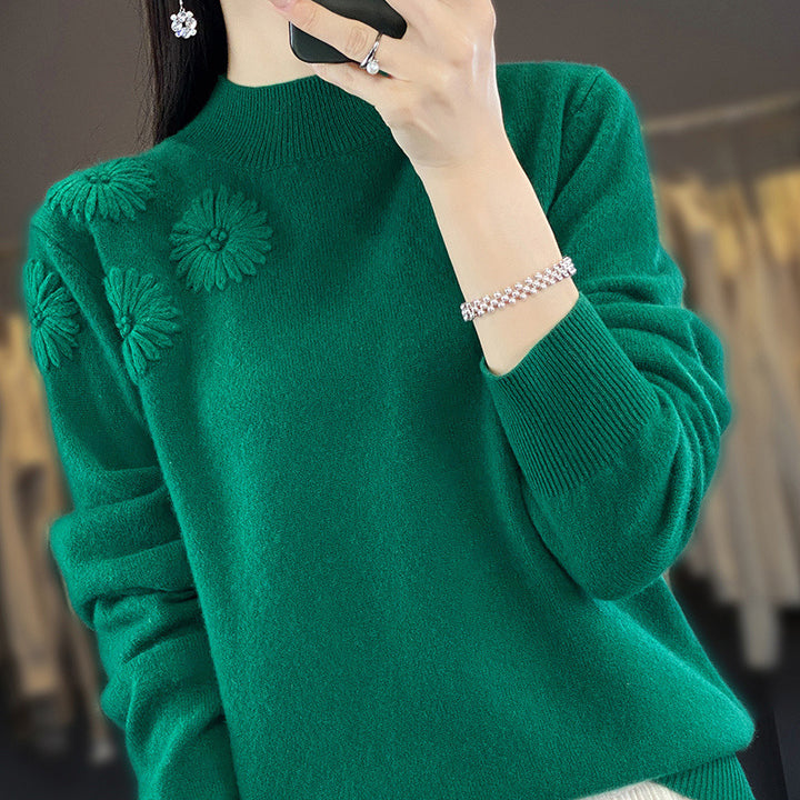 Damen Weicher Feinstrickpullover mit kurzem Stehkragen, 3D‑Blütenapplikation und gerippten Bündchen Echoarchiv