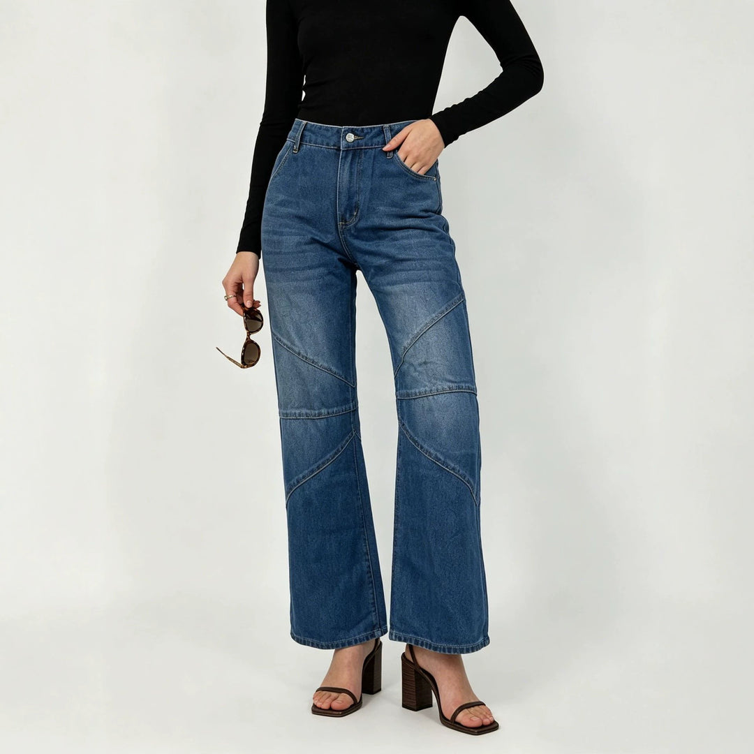 Damen nan weite Jeanshose mit hohen Bund, geschwungenen Ziernähten und weitem Bein Echo Archiv