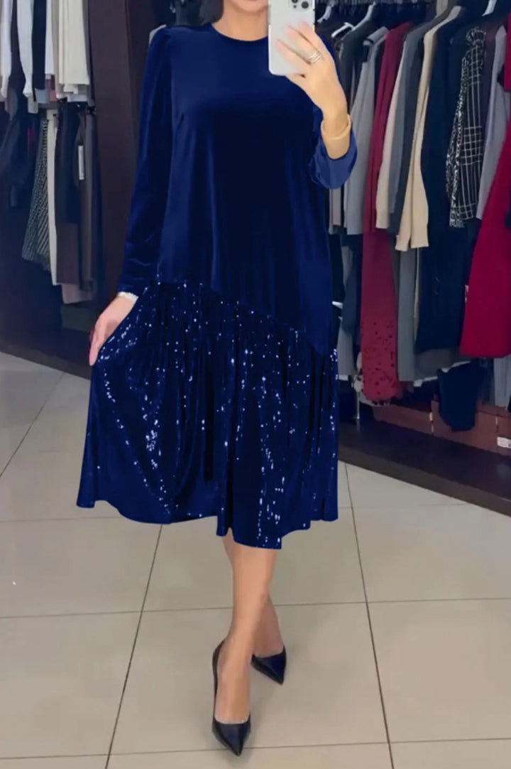 Damen nan Samt-Midikleid mit plissiertem Paillettenrock, lockerem A-Linien-Schnitt und Rundhalsausschnitt Echo Archiv