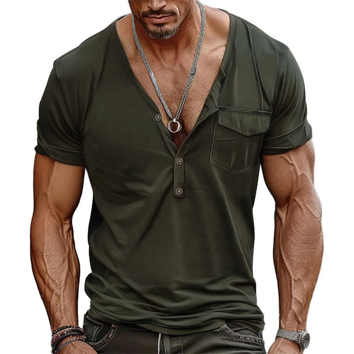 Herren V-Ausschnitt Henley-T-Shirt mit Brusttasche und atmungsaktiver Baumwolle Echoarchiv