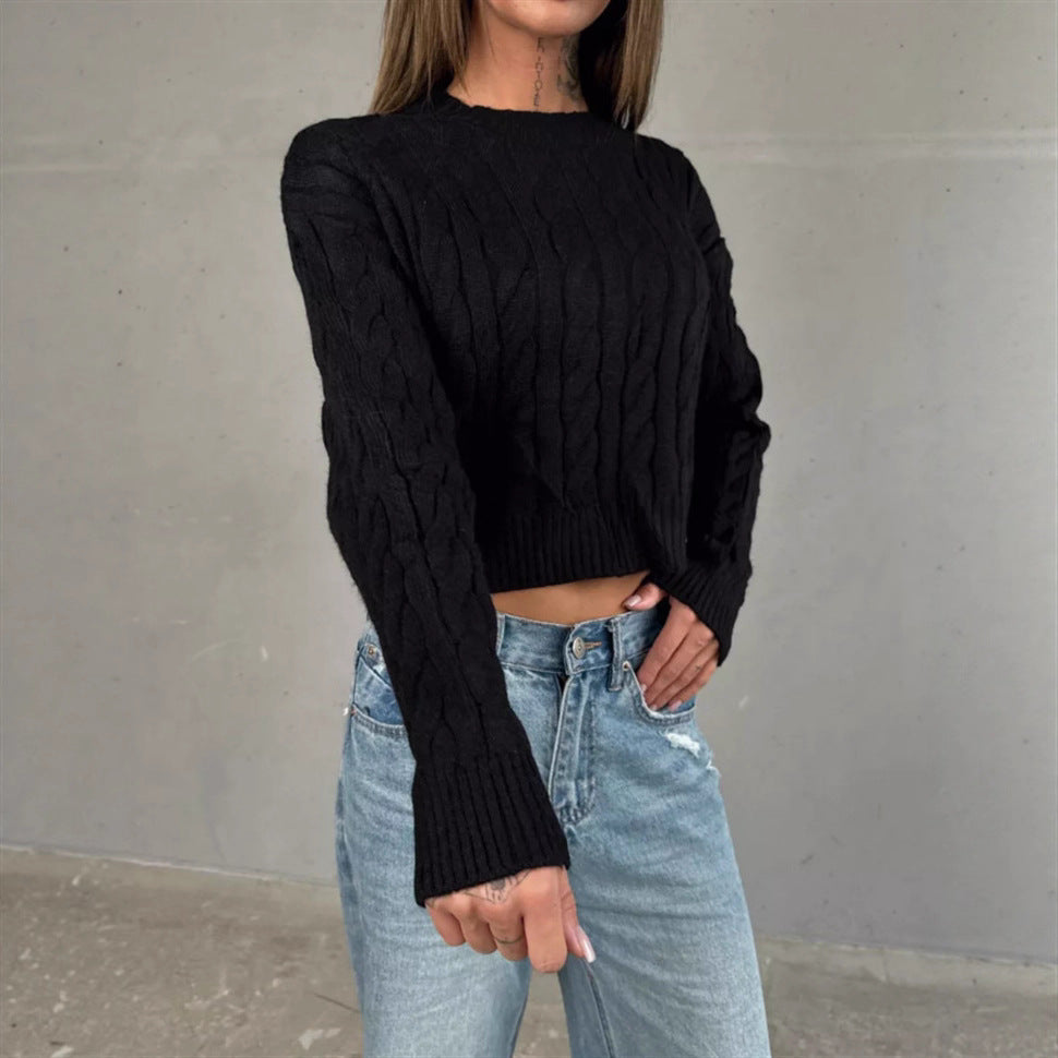 Damen Kurzer Boxy-Zopfstrickpullover mit geripptem Saum und Rundhalsausschnitt – Mavelle