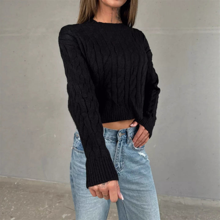 Damen Kurzer Boxy-Zopfstrickpullover mit geripptem Saum und Rundhalsausschnitt – Mavelle