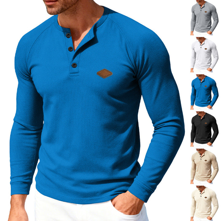 Herren nan Waffelstrick-Henley Langarmshirt mit Raglanärmeln, Halbknopfleiste und Lederlabel Echo Archiv