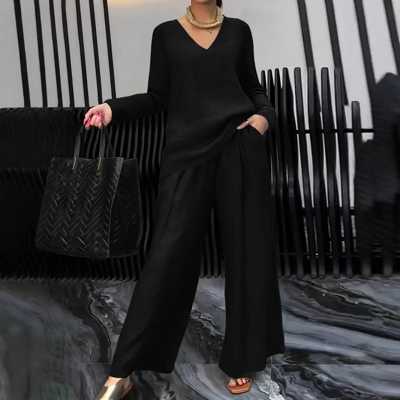Damen Feiner V-Ausschnitt Strickpullover mit fließender Palazzo-Hose Echo Archiv