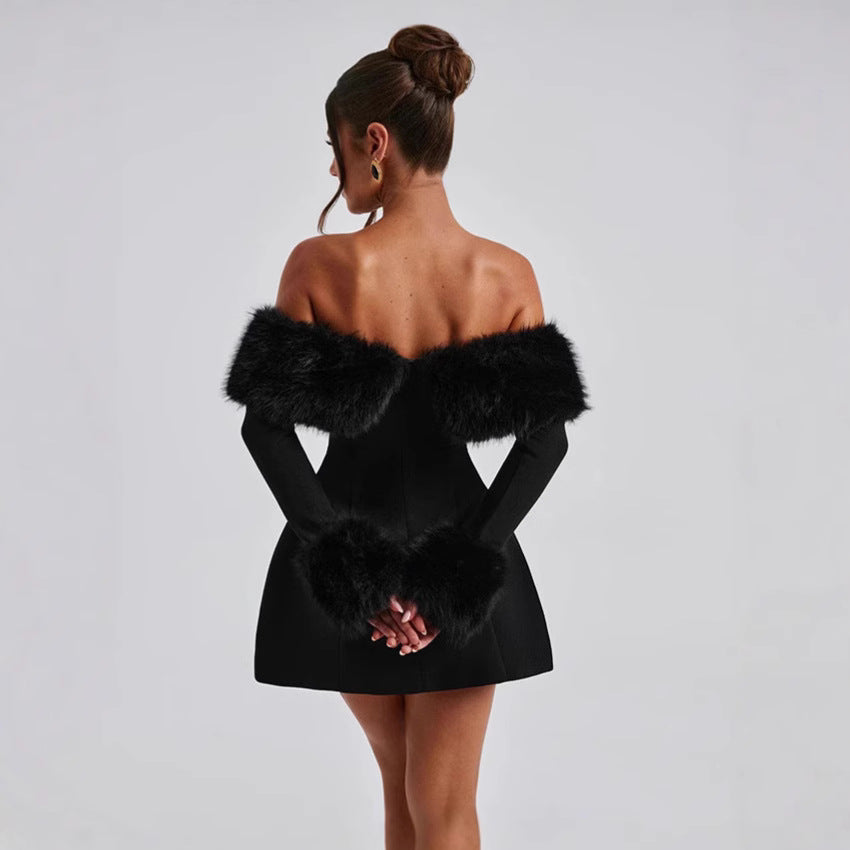 Damen Offshoulder-Kleid mit luxuriöser Futterverzierung und schwingendem Rock Echo Archiv