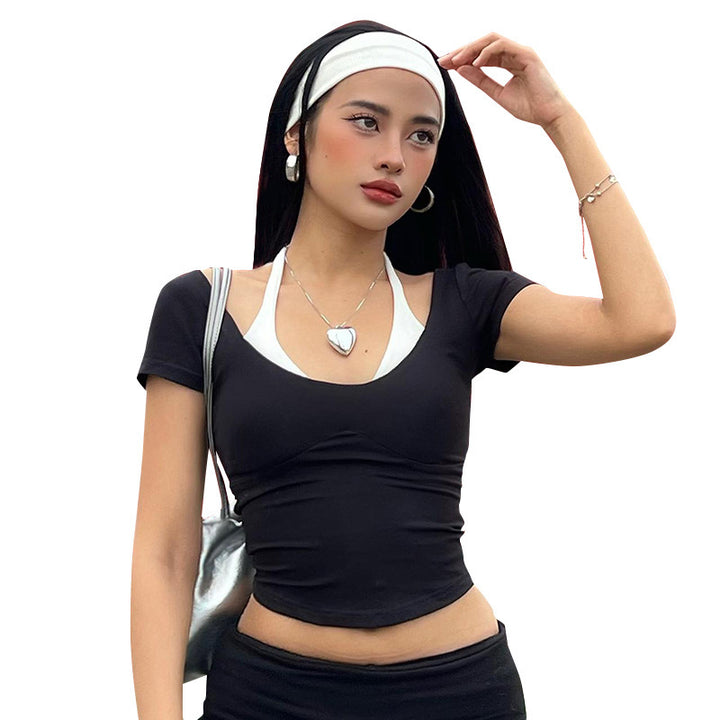 Damen cropped T-Shirt mit Schulterakzenten und figurbetontem Schnitt Echo Archiv
