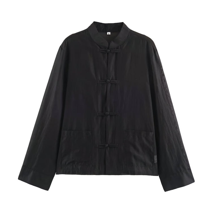 Damen Leichte chinesisch-inspirierte Oversize-Jacke mit Mandarinkragen und Knotenverschlüssen Echo Archiv