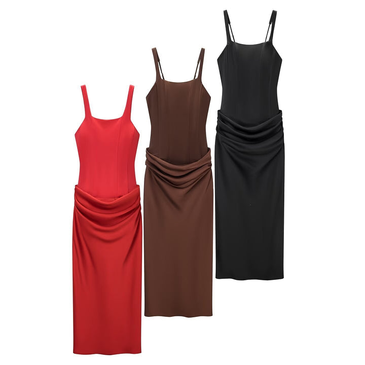 Damen elegantes Midikleid mit raffinierten Drapierungen und verstellbaren Spaghettiträgern Echo Archiv