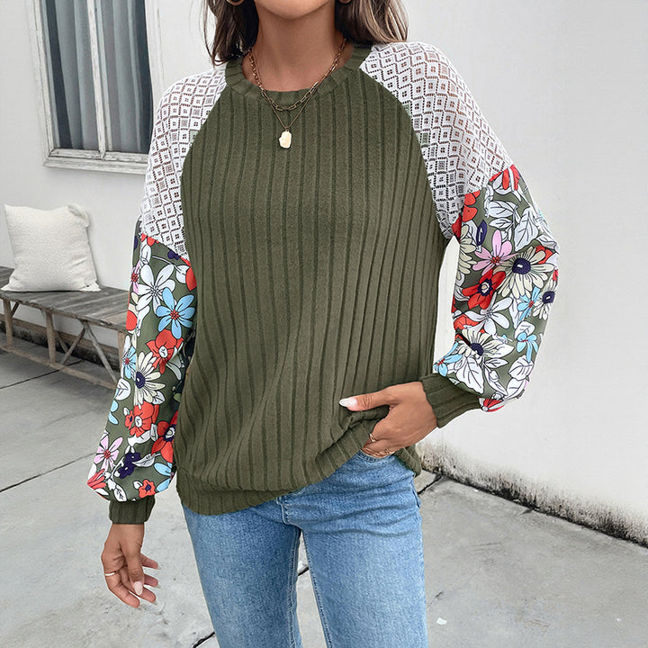 Damen Gerippter Strickpullover mit Häkel-Schulter & gEchoarchivlümten Ballonärmeln Echoarchiv