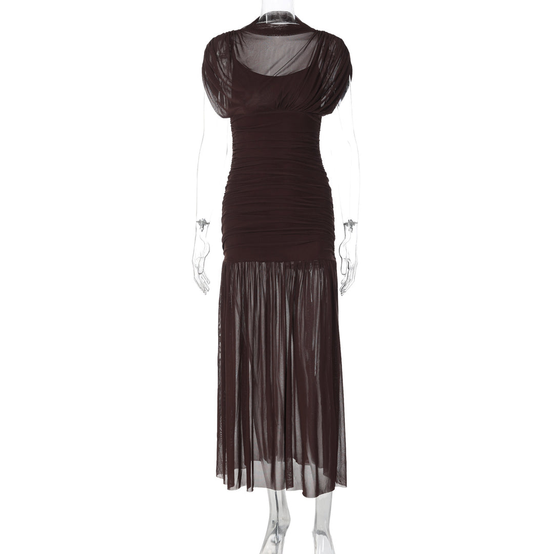 Damen Maxi-Kleid mit transparenten Puffärmeln und elegantem Raffungseffekt Echo Archiv