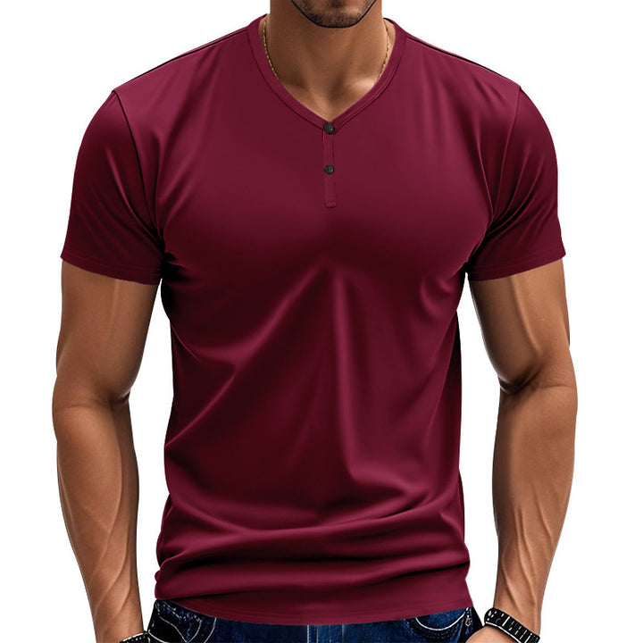 Herren Kurzarm Henley-T-Shirt mit modischem V-Ausschnitt und Knopfdetails Echoarchiv