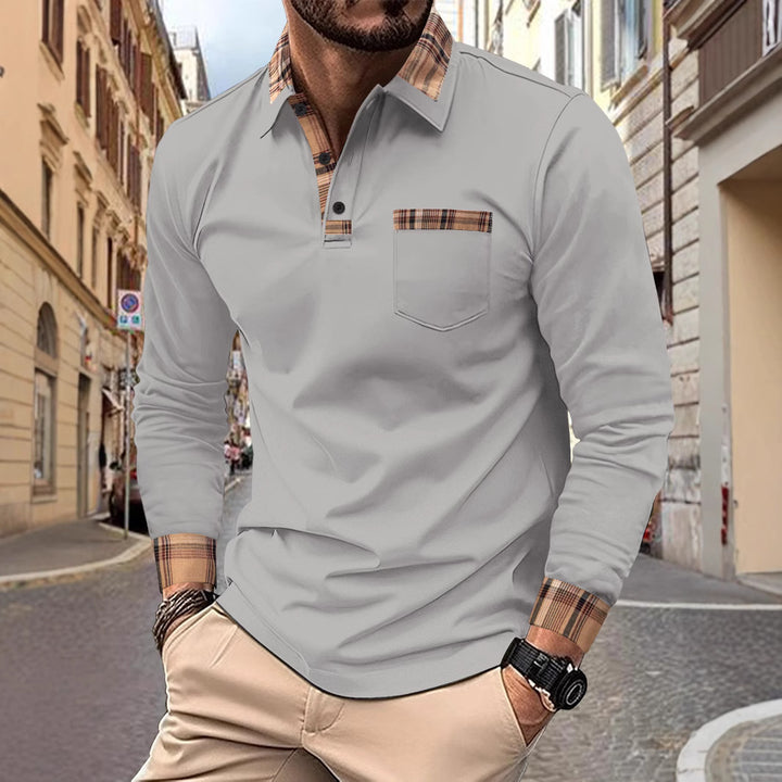 Herren langärmliges Poloshirt mit kariertem Kragen und Brusttasche Echoarchiv