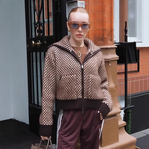 Damen Kurzgeschnittener Strick-Zipcardigan mit Kapuze und Strukturmuster Echoarchiv