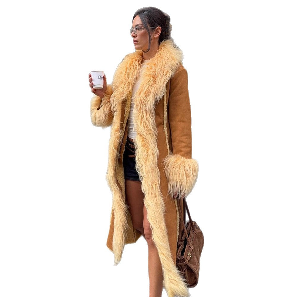 Damen Langer Shearling‑Imitatmantel mit voluminösem Schalkragen und Plüschmanschetten Echoarchiv