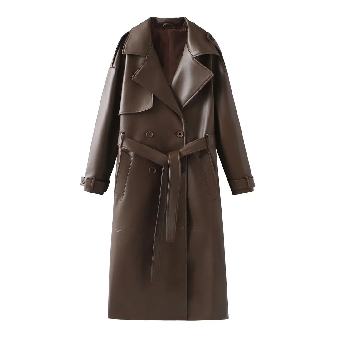Damen taillierter veganer Trenchcoat aus Lederimitat mit Schalkragen und Bindegürtel – Montévia