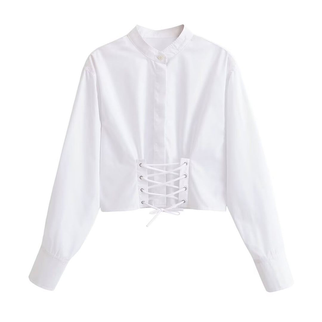 Damen Kurzbluse mit taillierter Schnürung und Stehkragen Echo Archiv