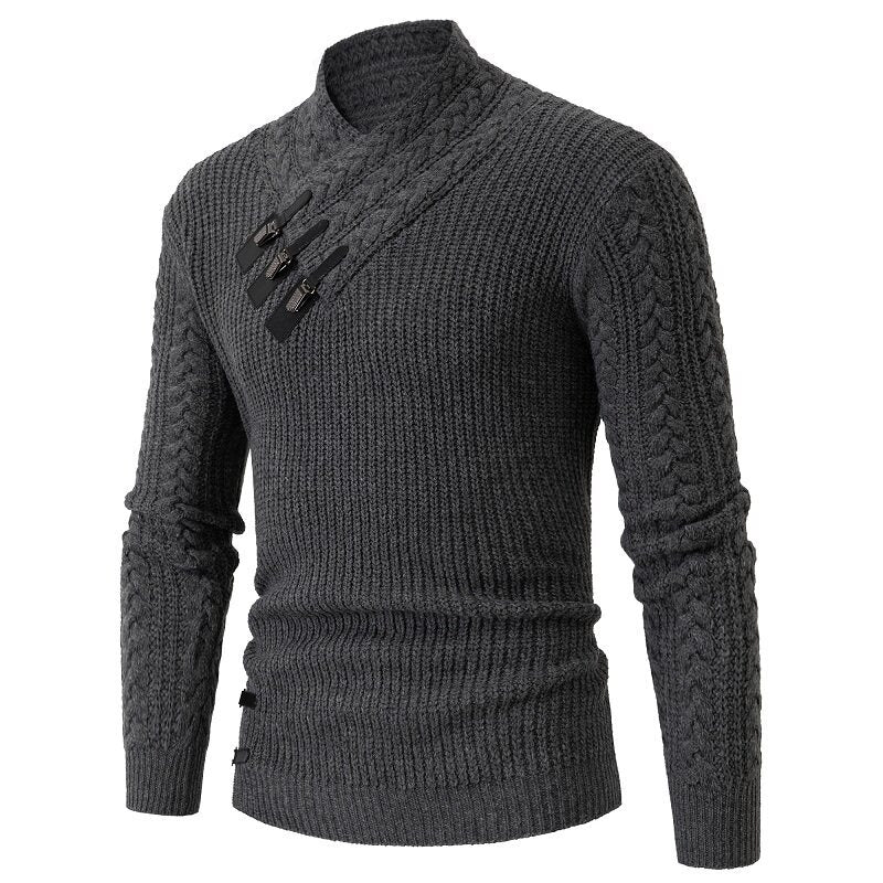 Herren nan Strickpullover mit Schalkragen, Zopfmuster und markanten Schnallenverschlüssen Echo Archiv