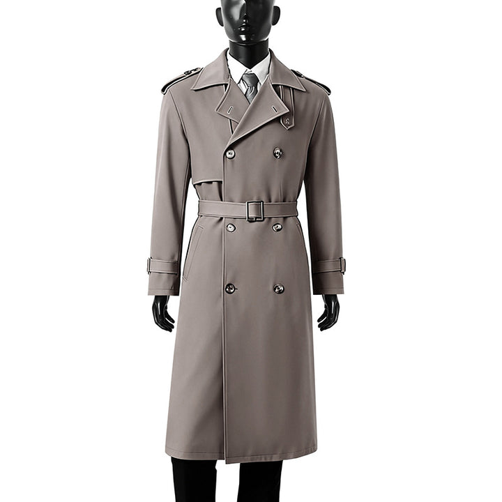Herren Zeitloser Doppelreihiger Trenchcoat mit Taillengürtel, Schulterklappen und Manschettenriemen Echoarchiv