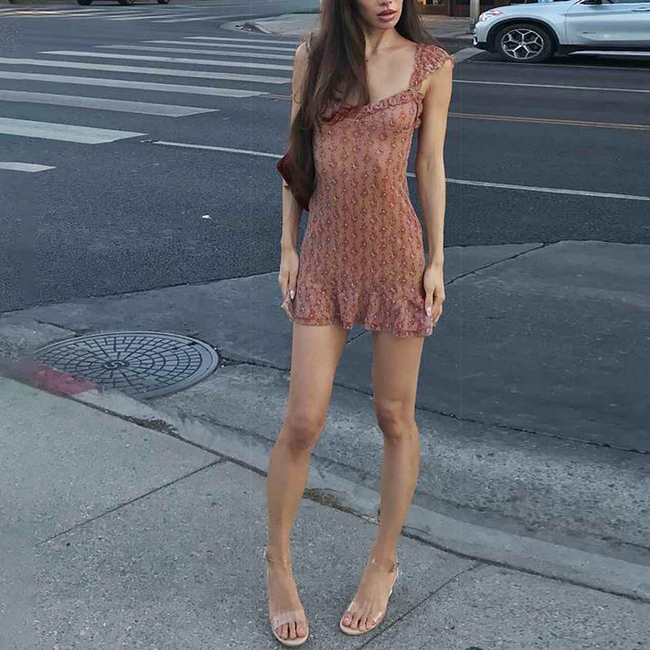 Damen Transparente Spitzenkleid mit Rüschen und floralem Muster Echo Archiv