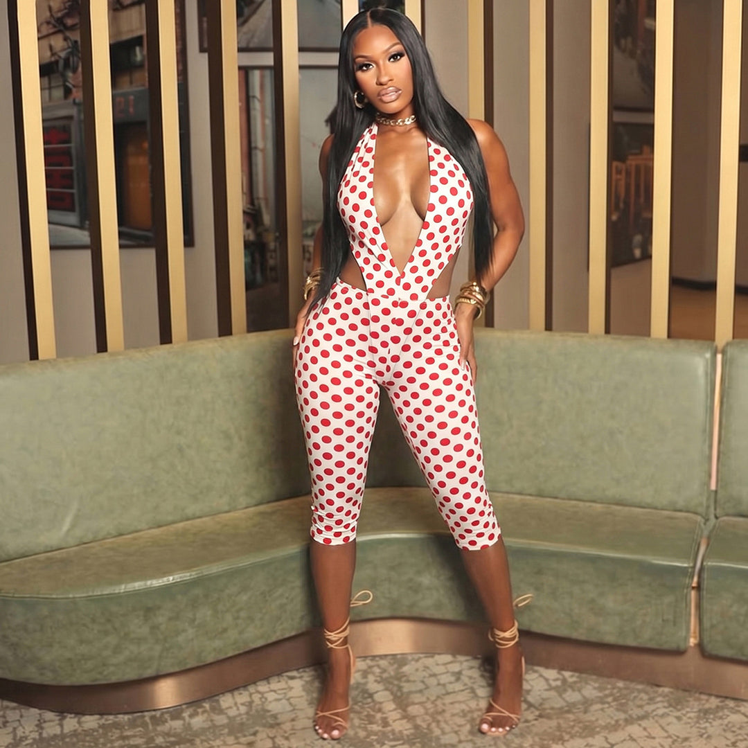 Damen figurbetonter Jumpsuit mit tiefem V-Ausschnitt und Bindegürtel Echo Archiv
